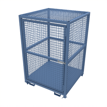 Blue heavy-duty mesh metal gas cage with solid base and forklift guides, designed to store argon gas bottles.